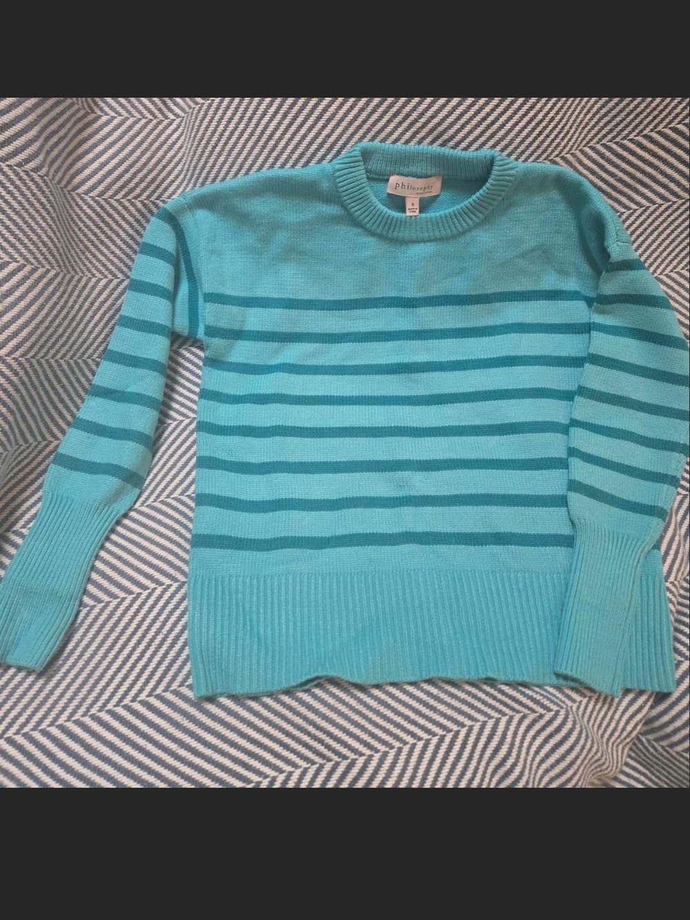 Philosophy Aqua and Teal Striped Crewneck Sweater